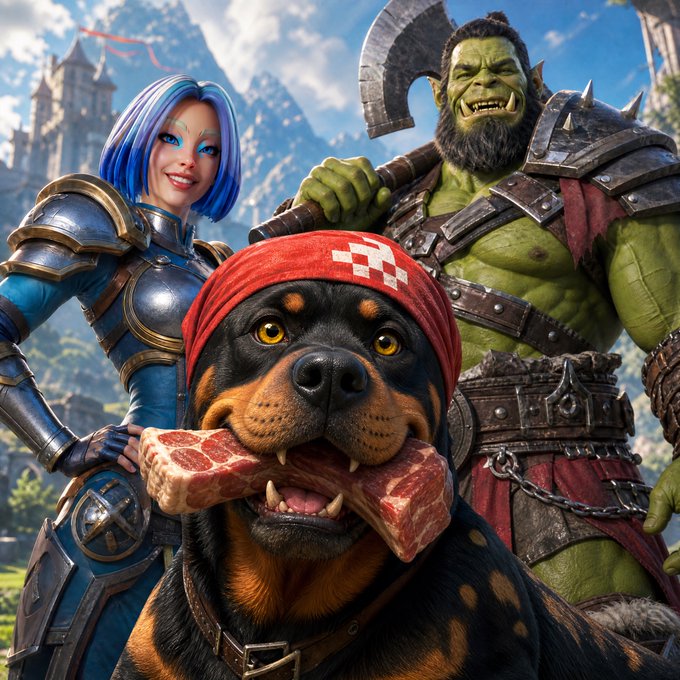 The image features a woman with blue hair wearing armor standing next to two men dressed in medieval clothing, including one holding an axe. A black and brown dog is also present in the scene, eating a piece of meat from the woman's hand. The caption reads "Honored to lock in with the @ZARGATES team as an Ambassador! Consistency is everything in Web3 and we show up daily, support the community, and build through it all."