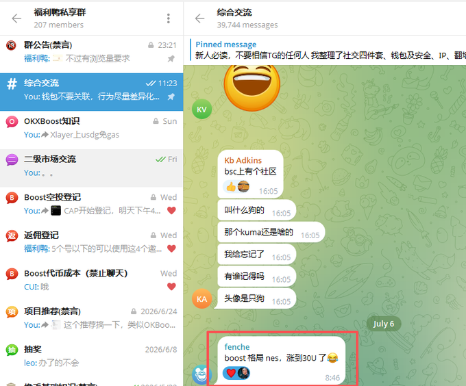 A Telegram chat interface in Chinese showing a group called "福利群私享群" with a highlighted message from user 'fenche' saying "boost 格局nes, 涨到30U了" at 8:46 on July 6.