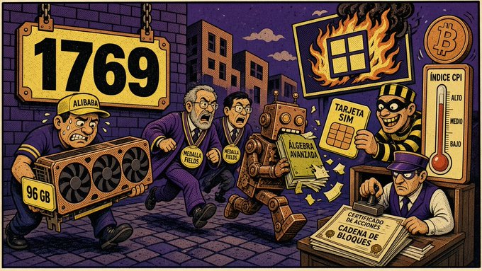 A colorful, cartoon-style illustration featuring various tech and crypto-related characters, including figures labeled "ALIBABA," "MEDALLA FIELDS," "ALGEBRA NANLADA," and "TARJETA SIM," alongside signs reading "1769" and "INDICE CPI."
