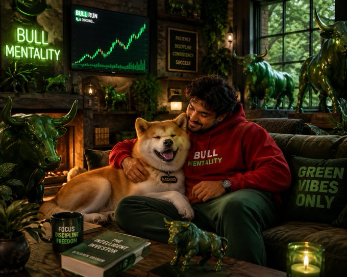A man wearing a "Bull Mentality" hoodie embraces a happy Shiba Inu named Hachiko in a green-themed room filled with bull statues, neon signs, and a TV displaying a rising "Bull Run" chart. The setup reflects the post's message of long-term conviction in HachikoInu on BNBChain, with motivational elements like "Patience, Discipline, Consistency, Success" and "Green Vibes Only" reinforcing the bullish optimism.