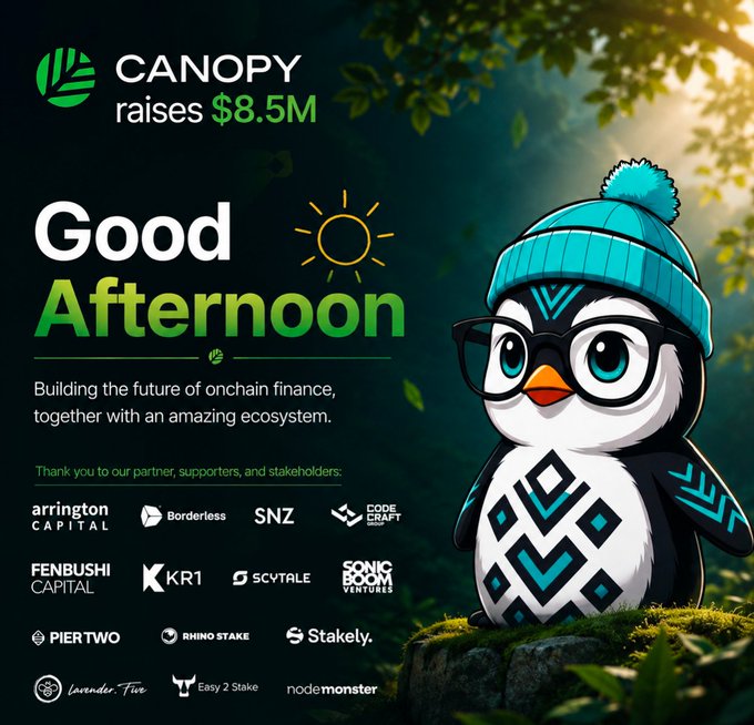 The image is a promotional graphic announcing that Canopy has raised $8.5M, featuring a stylized cartoon penguin mascot wearing a blue beanie and glasses set against a forest backdrop. It includes a "Good Afternoon" greeting and lists partner investors like Arrington Capital, Borderless, SNZ, Fenbushi Capital, KR1, SCVTale, Sonic Boom Ventures, PierTwo, Rhino Stake, Stakely, Lavender.Five, Easy 2 Stake, and Nodemonster.

The graphic ties into the post's theme by celebrating Canopy's successful funding round, which supports its vision of treating blockchains as a peer-to-peer launchpad where new chains can bootstrap, gain security, and eventually achieve independence.