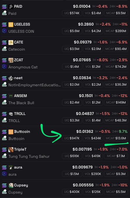 A meme token price tracker screenshot showing various coins with their prices and metrics, including PAID, USELESS, CATE, ZCAT, neet, ANSEM, TROLL, Buttcoin (highlighted with a green arrow), TripleT, aura, and Cupsey, with most tokens showing negative 24h performance.