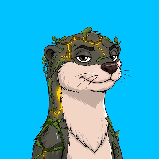 A digital illustration of an otter-like creature with cracked, glowing yellow earth and green vines growing across its head and shoulders, set against a solid blue background.