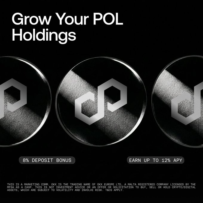 A promotional advertisement reading 'Grow Your POL Holdings' featuring three metallic Polygon (POL) coins on a black background, offering an '8% DEPOSIT BONUS' and 'EARN UP TO 12% APY' from OKX.