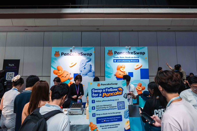 A busy booth at a crypto event promotes PancakeSwap, with banners reading "Trade. Earn. Stack on BASE," "pancakeswap.finance," and "Swap a Follow for a Pancake," instructing attendees to follow @PancakeSwap, join the Malaysian community, and share screenshots as ambassadors.