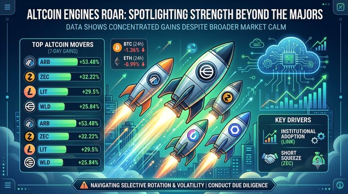 A crypto market infographic titled 'ALTCOIN ENGINES ROAR: SPOTLIGHTING STRENGTH BEYOND THE MAJORS' lists top movers including ARB (+53.48%), ZEC (+32.22%), LIT (+29.5%), and WLD (+25.84%) next to a graphic of launching rockets.
