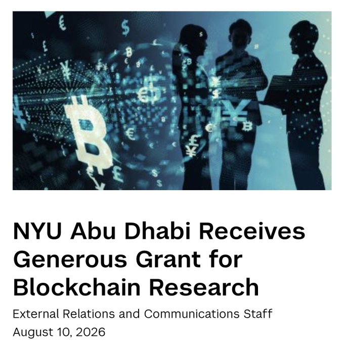 A news article header featuring silhouettes of people against a digital currency-themed background, with the headline 'NYU Abu Dhabi Receives Generous Grant for Blockchain Research' dated August 10, 2026.