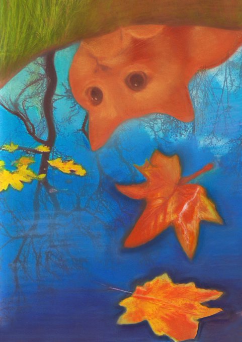 An artistic underwater image featuring a goldfish and orange autumn leaves against a blue background with tree reflections.