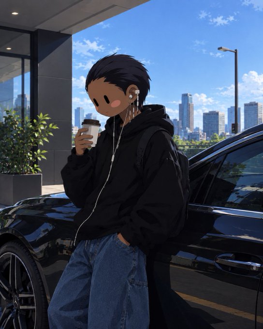 An anime-style illustration of a character with black hair, earbuds, and a black hoodie holding a coffee cup, leaning against a black car with a city skyline in the background.