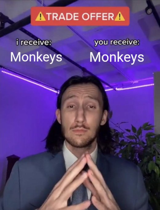 A man in a suit stands in front of a purple-lit background with a graphic overlay reading '⚠️ TRADE OFFER ⚠️' showing 'i receive: Monkeys' and 'you receive: Monkeys'.