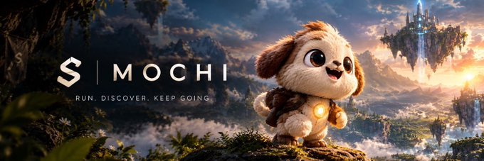 A promotional banner for a project or brand called 'MOCHI' with the tagline 'RUN. DISCOVER. KEEP GOING.' featuring a cute animated puppy with a backpack against a fantasy landscape with floating islands.