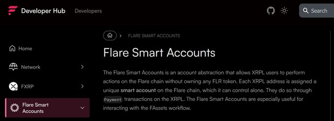 A webpage from Flare's Developer Hub is shown, with the sidebar highlighting 'Flare Smart Accounts' and text explaining that the feature is an account abstraction allowing XRPL users to perform actions on the Flare chain without owning an FLR token.