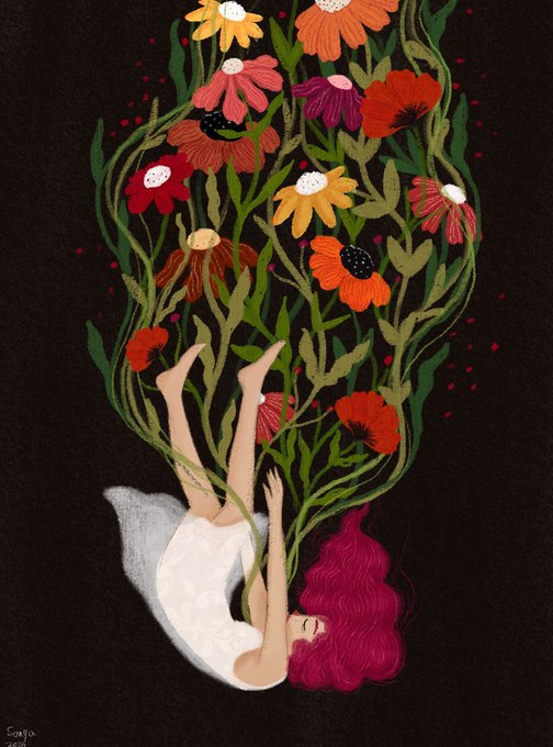 A girl with vibrant pink hair lies upside down against a black background, her legs extending upward into a lush bouquet of red, orange, and pink daisies with green foliage, embodying the artwork's theme of growth and renewal. Signed "Sarto" in the bottom left corner, this piece titled "Where Hope Grows" is a 1/1 NFT on Ethereum.