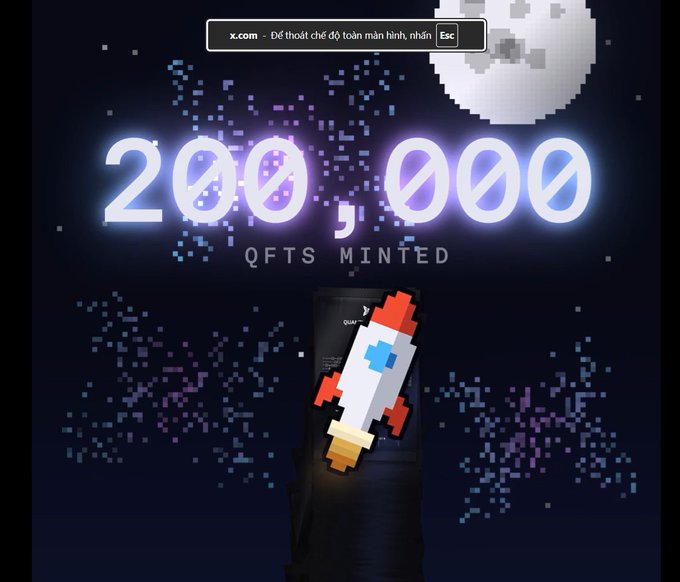 A digital display shows '200,000 QFTS MINTED' with a pixel-art spaceship graphic in the center.