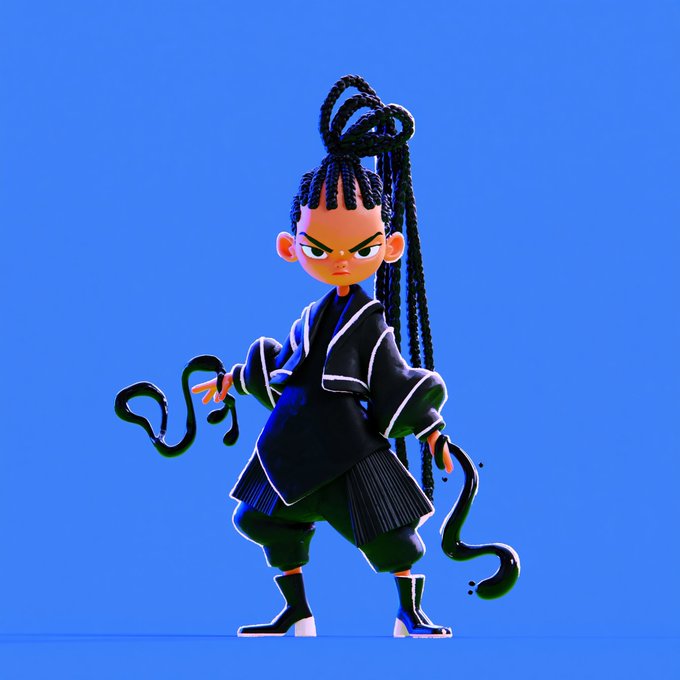 A stylized 3D digital illustration of a character with long braided hair in a black outfit, standing against a solid blue background.