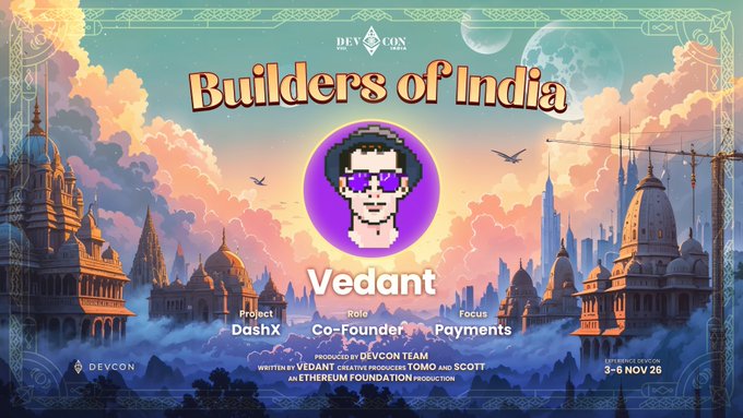 A vibrant, illustrated poster titled "Builders of India" featuring a pixelated character portrait for "Vedant," with details about Devcon and Ethereum Foundation.