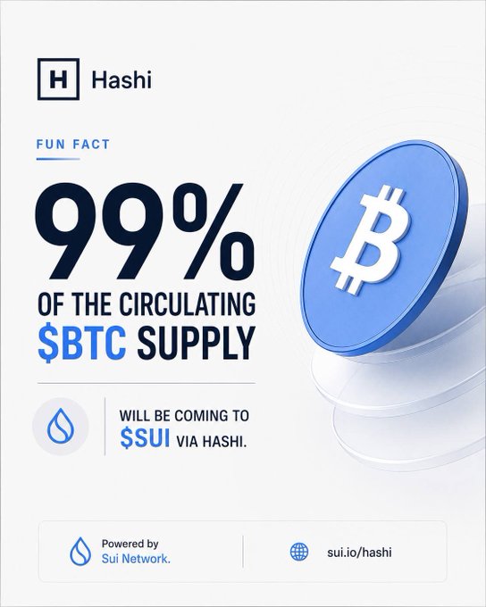 A promotional graphic by Hashi stating 'FUN FACT: 99% OF THE CIRCULATING $BTC SUPPLY WILL BE COMING TO $SUI VIA HASHI', featuring a 3D blue Bitcoin coin and powered by Sui Network (sui.io/hashi).