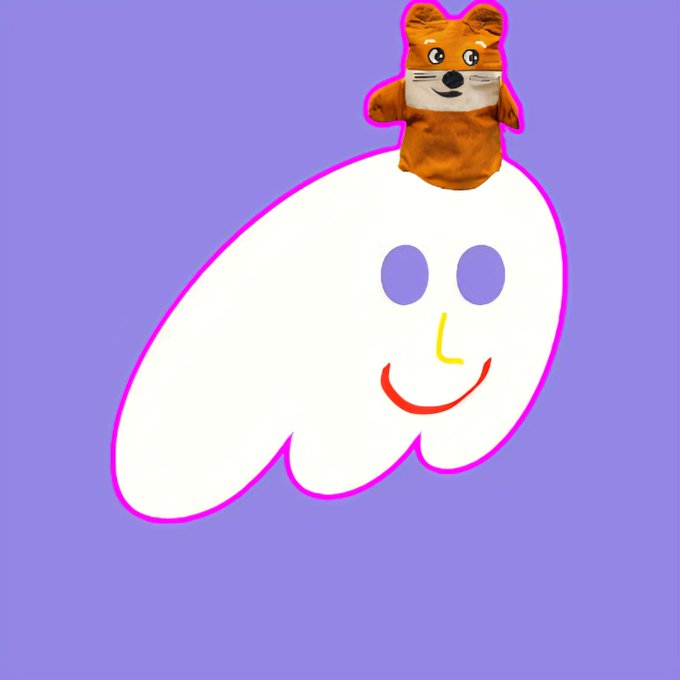 A whimsical illustration on a purple background featuring a cartoon cloud-like face with a smiling expression, topped with a small brown teddy bear character outlined in pink.
