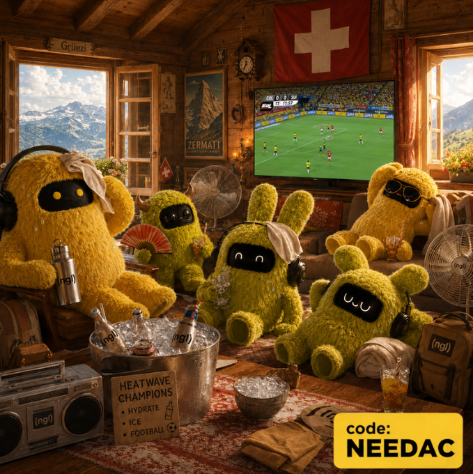 A cozy wooden cabin interior where fuzzy yellow creatures with screens for faces watch a football match on TV, accompanied by Swiss flags, mountains visible through windows, and a 'NEEDAC' promo code.
