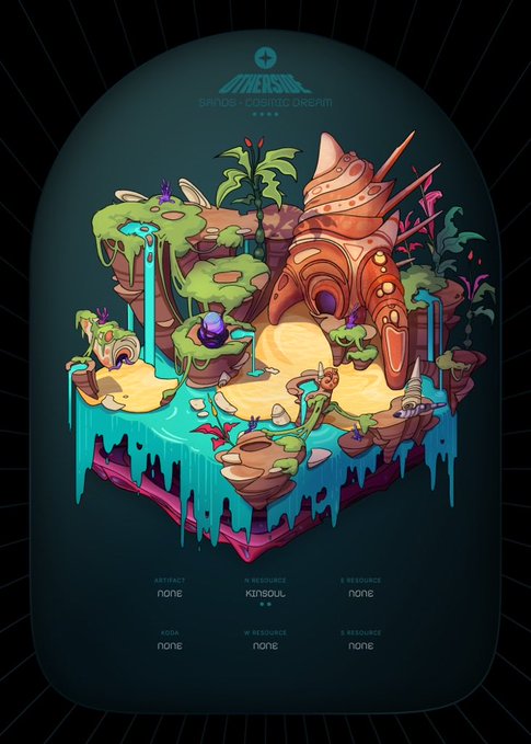 A digital NFT artwork titled "SANTOS COSMIC DREAM" by MEERSOUL, depicting a fantastical island landscape with melting blue and green elements, a pink organic structure, and small alien creatures, with metadata fields for attributes like "M-RESOURCE: KINSOUL".
