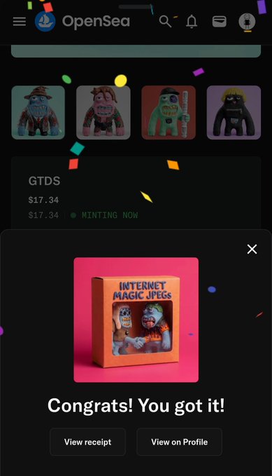 An OpenSea mobile screen showing the GTDS NFT collection minting at $17.34 with a success popup reading 'Congrats! You got it!' for 'Internet Magic JPEGs'.