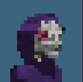 A pixel art sprite of a hooded figure with a skull-like face and glowing red eyes.