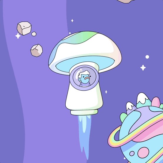 The image features a cartoon illustration of a rocket ship with a man inside flying through space. The rocket has a white body and blue accents, while the man is wearing a blue shirt and sunglasses. The background shows a purple sky filled with stars and planets, creating an otherworldly atmosphere. The post includes text that reads "Rockets, man. All day. Thanks for my first really fun day in web3 since 2001, @doodles and @elmonxOfficial".