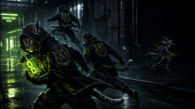 A dark, atmospheric digital artwork titled 'HOGOLYNX BASE' depicting anthropomorphic cat-like creatures in black hooded robes with glowing green accents, one wielding a green energy weapon in a cyberpunk alleyway setting.