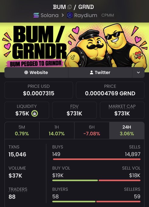 A cryptocurrency tracking page for the 'BUM / GRND' token on the Solana Raydium exchange, showing a price of $0.0007315, market cap of $73K, and the tagline 'BUM PEGGED TO GRINDR'.