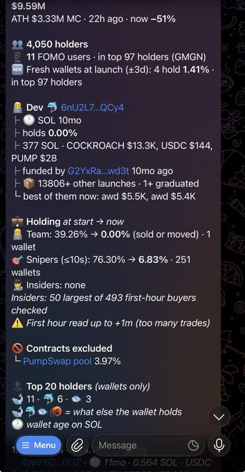 A Telegram bot report shows a $9.59M token on ATH with 4,050 holders (including 11 FOMO users and 4 fresh wallets), no team supply remaining, snipers reduced from 76.30% to 6.83% across 251 wallets, zero insiders, and a top-20 holder composition of 11 whales, 6 dolphins, and just 3 fish — matching the post's description of an ideal Solana meme coin.