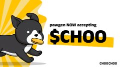 The same Choo-Choo graphic appears, showing a cartoon dog and the text “pawgen NOW accepting $CHOO” with “CHOOCHOO” in the lower right.