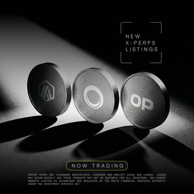 A sleek black-and-white promotional image of three metallic coins representing 'NEW X-PERPS LISTINGS', marked 'NOW TRADING' with regulatory disclaimer text from OKX Europe Markets Limited.