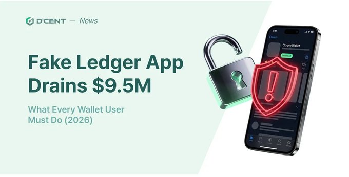 News article header from D'CENT titled "Fake Ledger App Drains $9.5M" with subtitle "What Every Wallet User Must Do (2026)," featuring an illustration of a padlock and smartphone with a red warning shield.