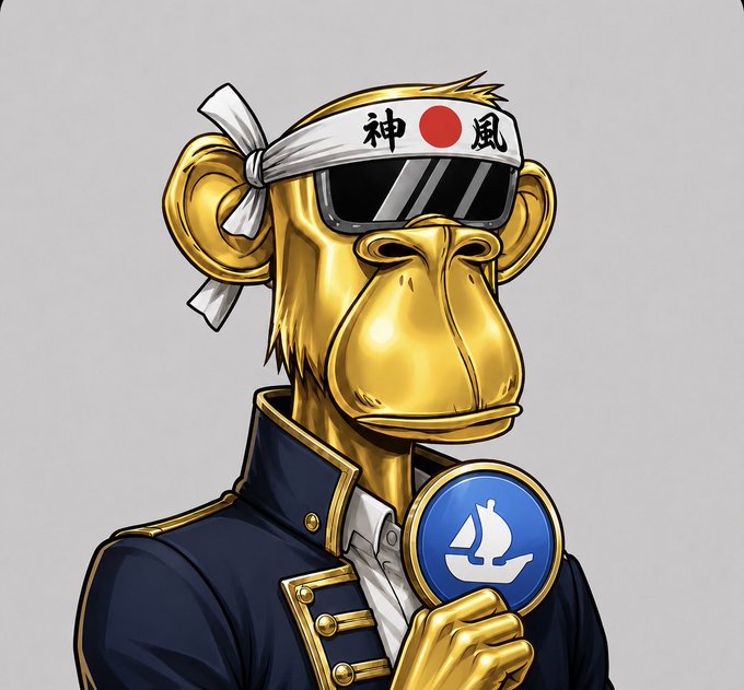 An illustrated golden monkey wearing a white headband with Japanese characters and red circle, dark sunglasses, and a blue uniform, holding a blue coin.