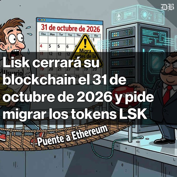 A Spanish-language cartoon illustration announcing 'Lisk cerrará su blockchain el 31 de octubre de 2026 y pide migrar los tokens LSK Puente a Ethereum,' featuring cartoon characters, a calendar showing October 31, 2026, and a server rack.
