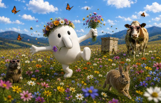 A whimsical outdoor scene featuring a white blob-like character with a flower crown holding a bouquet, surrounded by butterflies, a sunglasses-wearing cow, a bunny, and a small animal in a colorful flower field.