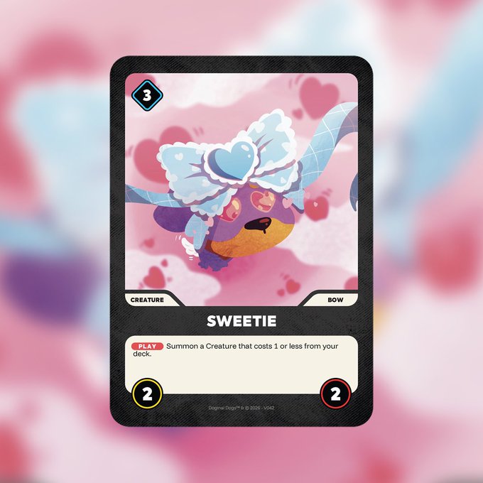 A trading card game card titled "SWEETIE" features a purple creature with a blue bow, with stats 3/2/2 and the ability to "Summon a Creature that costs 1 or less from your deck."