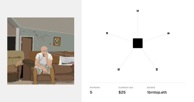 A digital artwork platform display showing an illustration of a bald man sitting on a brown couch in a dimly lit room, with NFT auction information showing 'PATRONS 5,' 'CURRENT BID $25,' and 'BIDDER 1brntop.eth.'