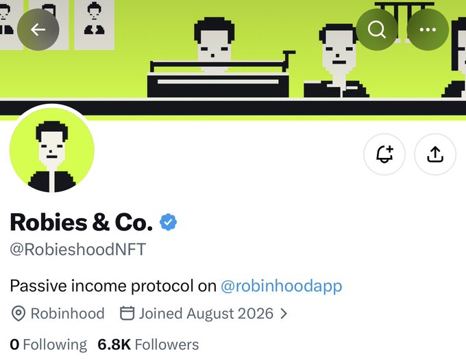 A Twitter/X profile page for "Robies & Co." (@RobieshoodNFT) describing it as a "Passive income protocol on @robinhoodapp" with 6.8K followers, featuring pixel-art style header and profile images on a lime green background.