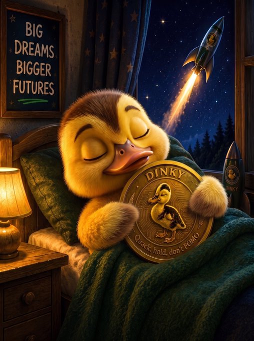 A digital illustration of a sleeping duckling in bed holding a gold 'DINKY' coin that reads 'Quack, hold, don't FOMO,' with a rocket ship flying by the window and a sign reading 'BIG DREAMS BIGGER FUTURES.'