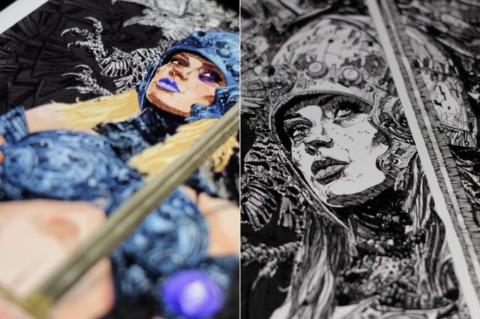 A side-by-side comparison of a painted miniature figure of a female warrior in blue armor with purple lipstick, shown both in color and as a detailed black-and-white pen sketch artwork.