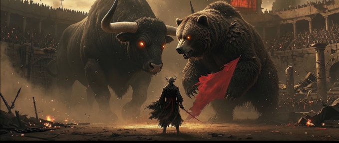 A dark fantasy digital artwork depicts a horned warrior in a red cape facing off against a massive bull and bear with glowing orange eyes in a ruined arena.