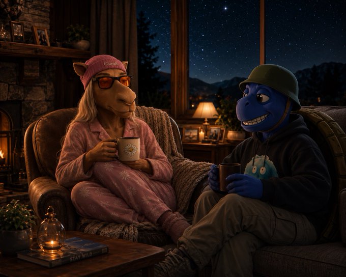 Two anthropomorphic characters, a horse in pink pajamas and a beanie and a blue creature in a hoodie, sit in cozy armchairs holding mugs by a fireplace at night.
