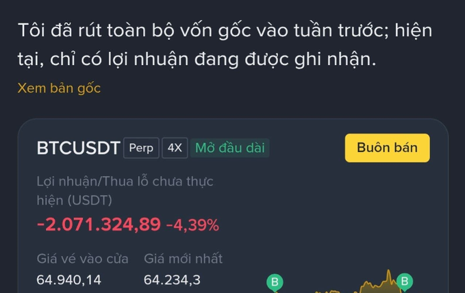 Vietnamese-language trading interface showing a BTCUSDT perpetual position with an unrealized loss of -2,071,324.89 USDT (-4.39%), entry price 64,940.14, and current price 64,234.3.