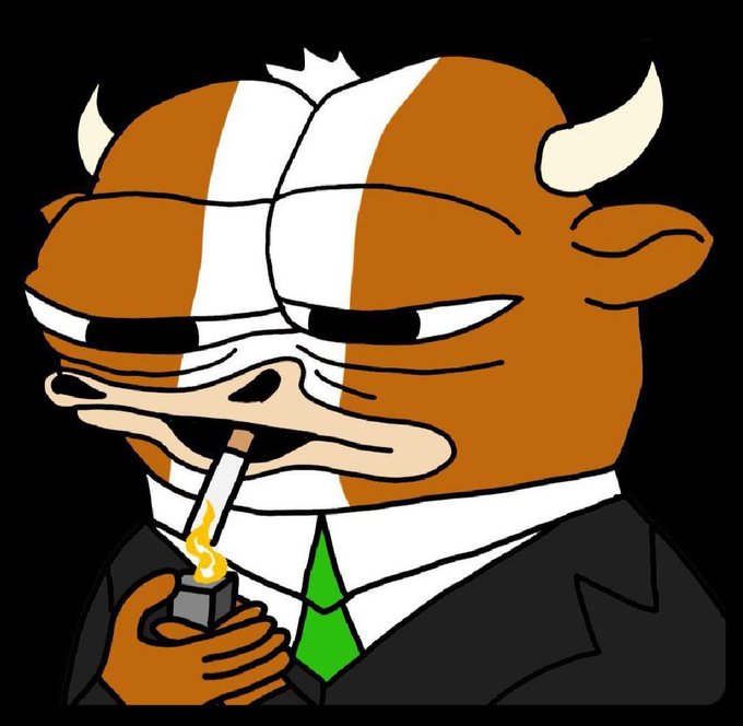 A cartoon bull character with a serious expression, wearing a black suit, white shirt, and green tie, lights a cigarette with a lighter against a black background.