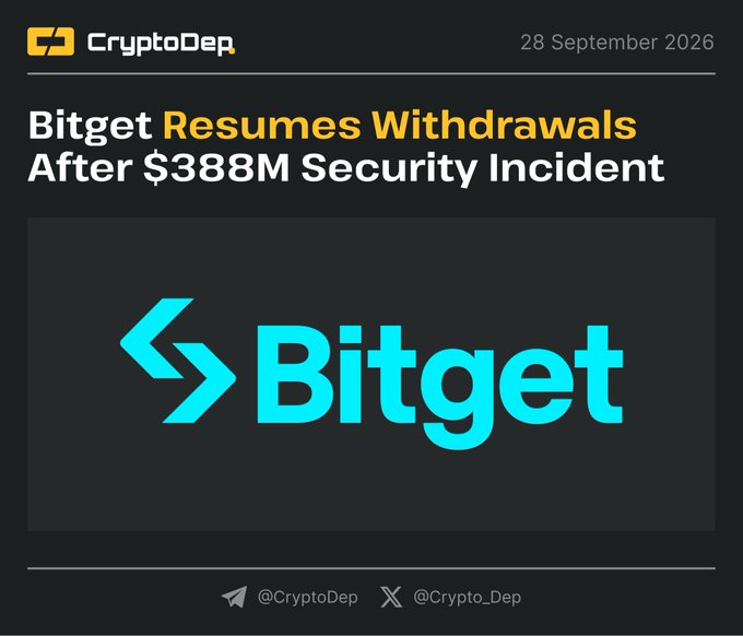 A CryptoDep news article dated 28 September 2026 titled 'Bitget Resumes Withdrawals After $388M Security Incident' featuring the Bitget logo.