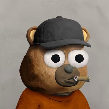 A 3D-rendered cartoon bear wearing a black baseball cap and an orange shirt, posing with a cigarette dangling from its mouth.