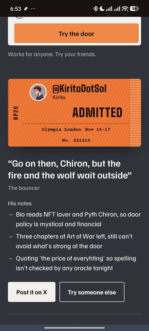 A mobile screen showing an 'ADMITTED' ticket for @KiritoDotSol to 'Olympia London Nov 15-17', featuring a poetic rejection message from 'The bouncer' about Chiron, fire, and a wolf.
