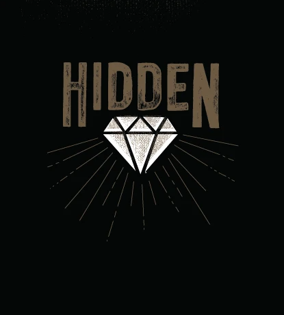 Logo with the word 'HIDDEN' in brown distressed text above a white diamond with radiating light beams on a black background.