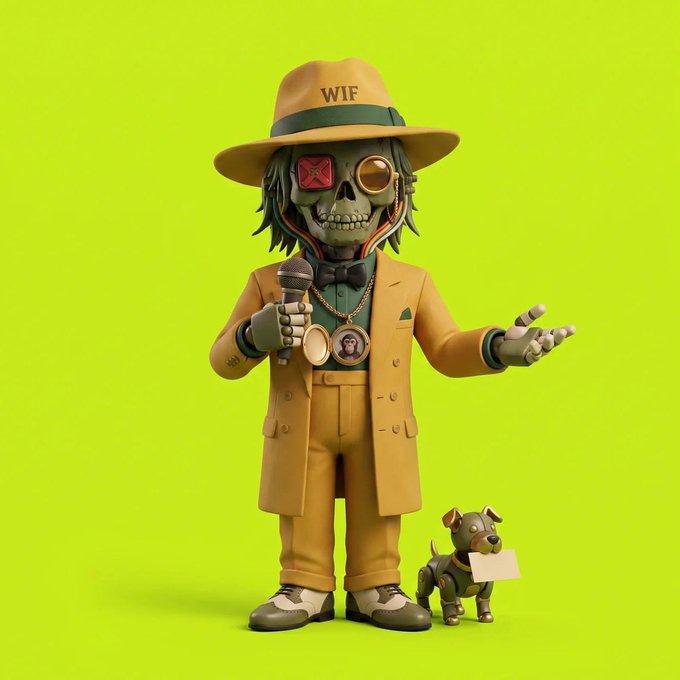 A 3D render of a skeleton character wearing a yellow suit and a 'WIF' hat, holding a microphone and a medallion, with a robotic dog beside it.